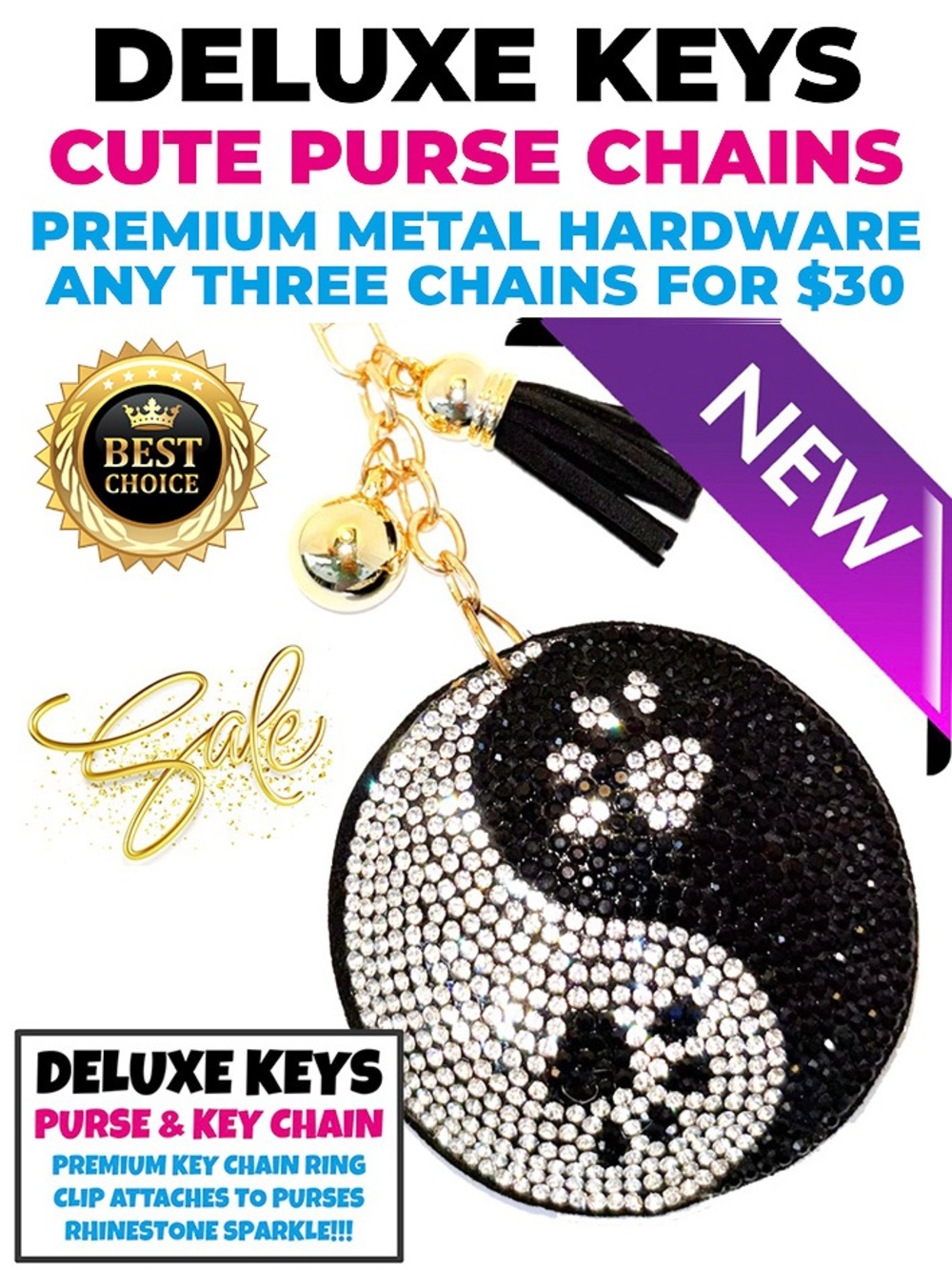 DeLuxe Keys Rhinestone Keychain/Purse Chain YIN & YANG WITH PAWS
